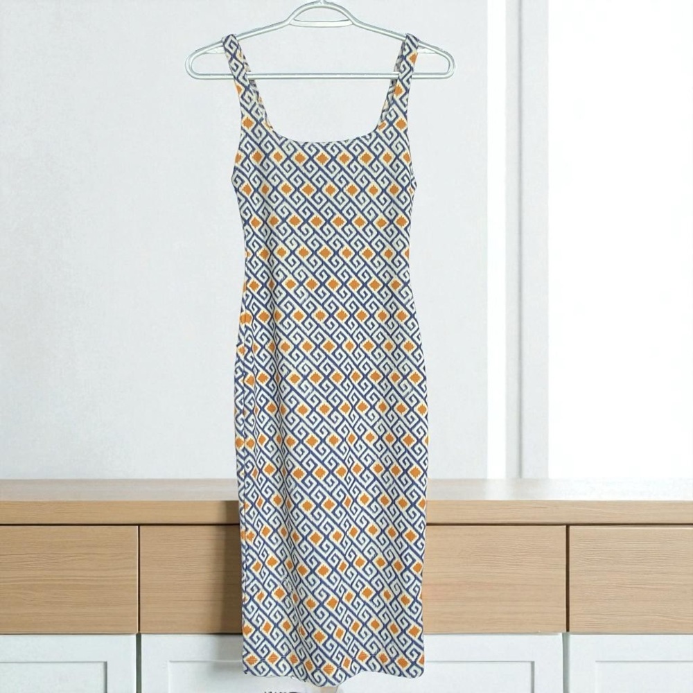 Zara Blue and White Geometric midi dress size S